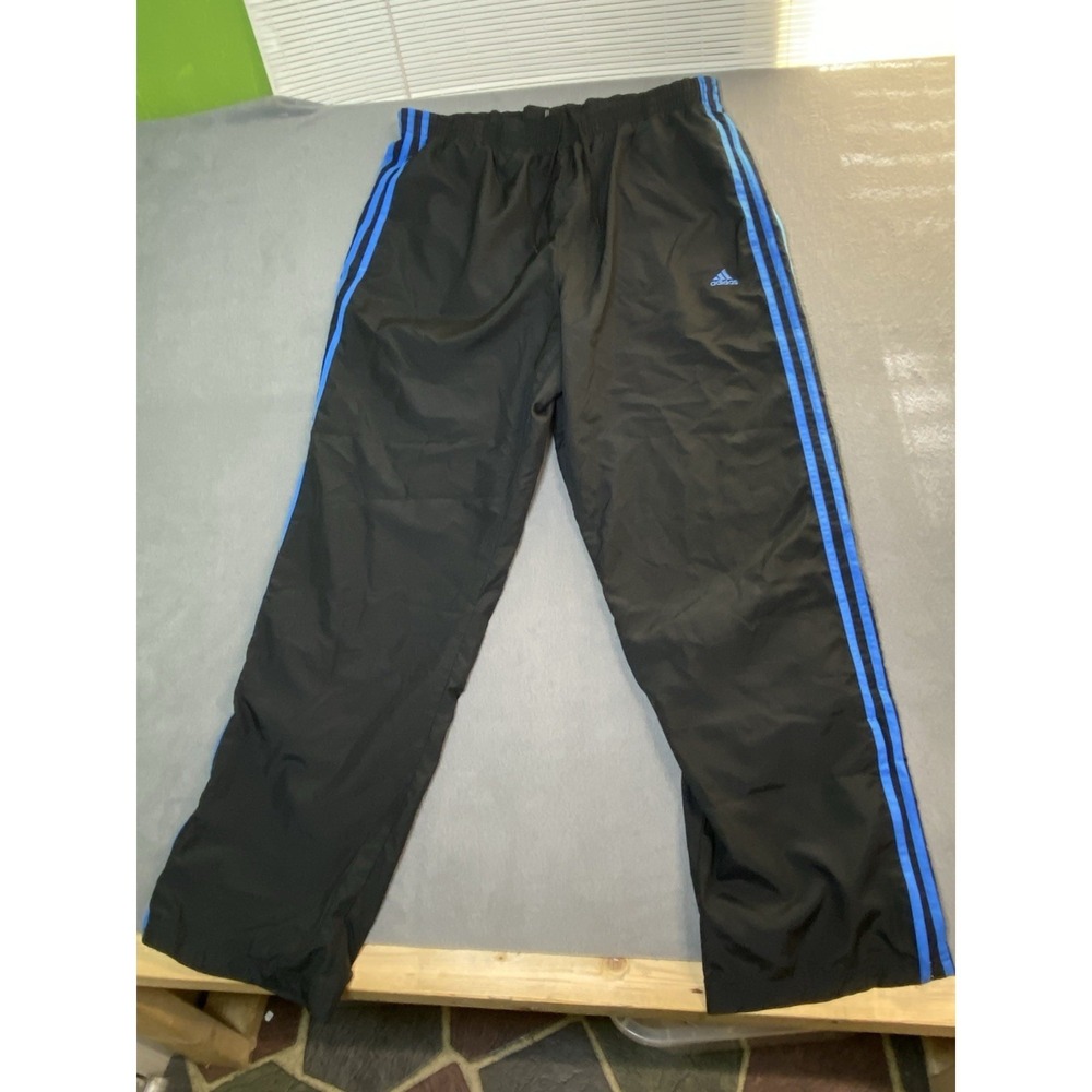 Adidas Men's L Baggy Track Pants Lined Windbreaker Ankle Zip Black Blue 3 Lines